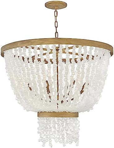 Fredrick Ramond Dune FR30205BNG Medium Pendant - Hand-Strung Sea Glass, Boho Chic, Adjustable Height for Even or Sloped Ceilings - in Soft White Sea Glass + Burnished Gold