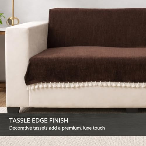 Image of STITCHNEST Brown Chenille Sofa Cover 48x60 Inch - Soft, Durable & Textured Fabric with Tassels | Full Coverage Sofa for Living Room, Bedroom, or Drawing Room
