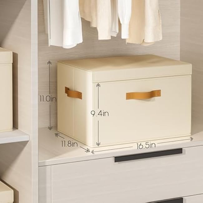 Large Storage Bins with Lids - Front Opening Fabric Storage Bins, Flap Closet Organizer with Handles, Collapsible Boxes with Lid, Decorative Basket for Home, Dorm, 2 Pack, Beige