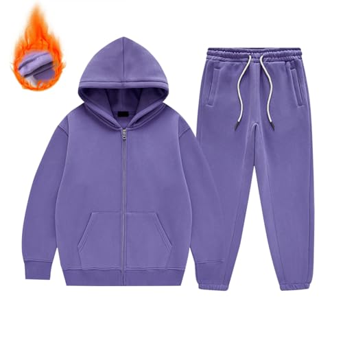 Girls Boys Solid Color Zipper Hoodie and Sweatpants Outfits Fall Winter Fleece Lined Sweatsuit School Uniform Tracksuit Sets2
