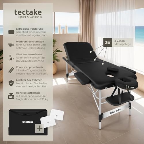 tectake® Massageliege 3 Zonen, Massagetisch, Massageliege klappbar, höhenverstellbare Aluminium Massageliege, Massagebett tragbar inkl. Zubehör, Kopfstütze, Armlehne, Tragetasche - schwarz 2