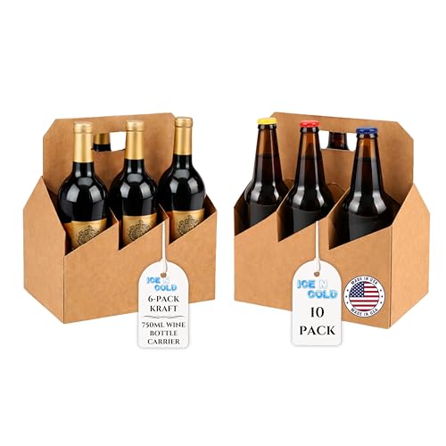 ICE N COLD® 6 Pack Bottle Carrier Kraft Cardboard – Wine & Beer Bottle Holder – Beverage Carryout Packaging for Liquor Stores, Breweries, Grocery & Retail (10, Kraft, 6-P)