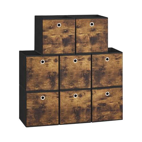 SONGMICS Storage Boxes, Set of 8 Foldable Fabric Storage Cubes, 26 x 26 x 28 cm, Fit Cube Shelves or Organizers, Bins for Clothes, Bedroom, Living Room, Rustic Brown and Ink Black RFB826B01
