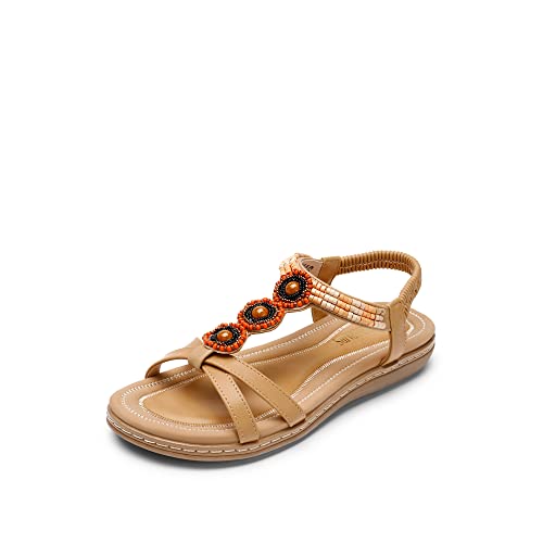 DREAM PAIRS Sandalias Planas Bohemias Mujer Verano Zapatos de Playa Casual Comodos con Pedrería Diseño de Tiras,Size 40,Desnudo,SDFS2335W-E