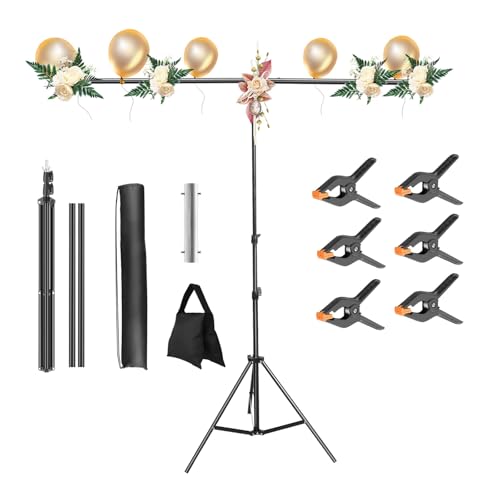 TeqHome Backdrop Stand, T-Shaped Backdrop Stand for Parties 8.5FT Adjustable Photo Background Support Kit with 6 Background Clamps, 2 Crossbars & Carry Bag for Wedding/Party Decorations/Photography