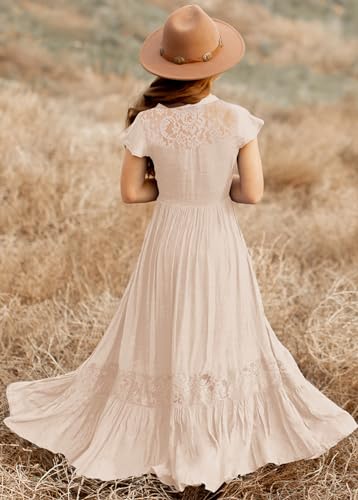 Hosika Girls Elegant Lace Ruffle Sleeve A-Line Formal Wedding Party Flower Girl Dress 6-12 Years Apricot M thumb #4