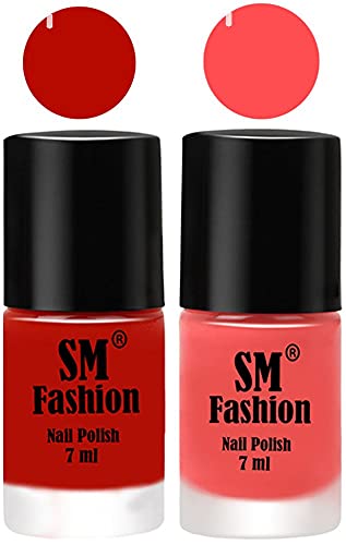 Image of Long Lasting Nail Polish | Nail Paint Combo 7 ml Each) - Set of 2 Red Orange-Peach Pink