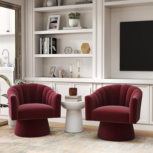 Swivel Accent Chair Set of 2 Upholstered Velvet 360 Swivel Barrel Chair for Living Room Overstuffed Bouncle Reading Chair Round Armchair for Bedroom Vanity Office (Red)
