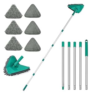 JEHONN Wall Cleaner Mop with Long Handle 82 Inches, 3-in-1 Ceiling Cleaning Tool Duster with 6 Replacement Microfiber Chenille Pads for Painted Walls, Baseboard, Window, Floor (Green)