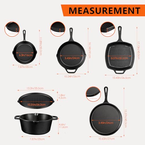 Image of 6 Piece Pre-Seasoned Cast Iron Cookware Set - Incl. 5QT Dutch Oven with Lid, 8'' and 10.25'' Cast Iron Skillets, 10.5'' Round Griddle, and a Square Grill Pan for Kitchen, Stovetop, & Camping