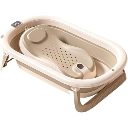 Momgla ベビーバス 折り畳み式 バス 赤ちゃん キッズ お風呂 沐浴 シンク 子供用品 0-8歳に適用 湯温計付き 軽量 省スペース 収納容易 沐浴 シンク+バスタブスタンド 新生児 乳幼児 (バスタブ+バススタンド,コーヒー色+デジタル温度表示)
