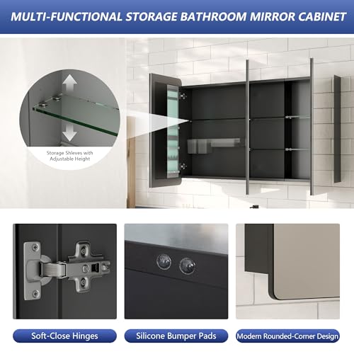 Botiquín de medicina de tres puertas DeerValley de 48'' x 32'' con espejo, estantes de vidrio ajustables, soporte para cepillo de dientes y ganchos internos, montaje en pared para baño miniatura 6