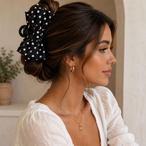 Image of Young & Forever Polka Dot Bow Hair Claw Clip for Women & Girls - Oversized Black and White Fabric Bow Hair Accessories for Thick Hair, Stylish French Hair Clips