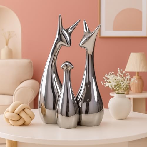 Image of Home Decor Lucky Silver Deer Statue Family Ceramic Figures - (Set of 3, Silver Set)