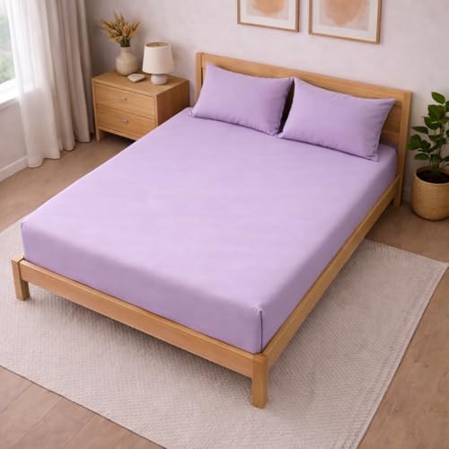 Image of THE HOME STYLE Solid Plain Cotton Feel Fitted Bedsheet King Size (72x78 inches) | 2 Pillow Covers | 300 TC | Elastic Fit | Fits Upto 8 Inch Mattress (Lilac)