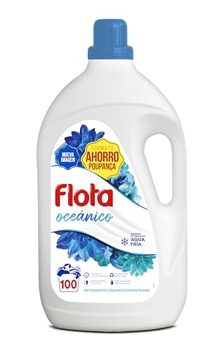 FLOTA | Detergente Líquido Quitamanchas incluso en Agua Fría para Lavadora | Ropa Blanca y de Color | Fragancia Oceánico | 100 Lavados | Formato Familiar