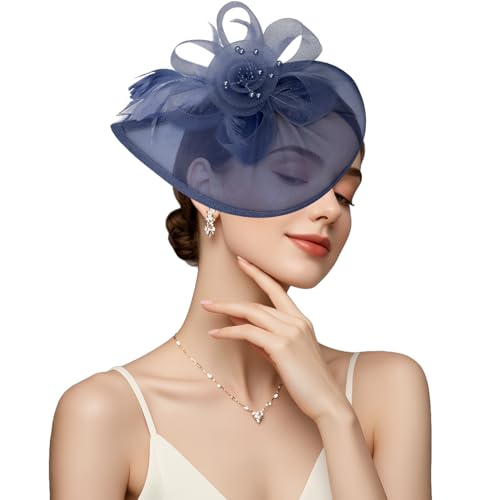 VLYX Chapéu Fascinator - acessório para festa de chá e coquetéis, chapéu tipo Pillbox vintage clássico para mulheres e meninas, Azul Marinho, Tamanho único