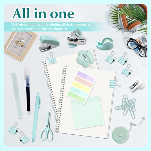 Mini Office Supply Kit, Teal Mini Stapler with Staples and Tape Dispenser Set, Mini Stationary Kit Includes Sticky Notes Index Tabs Highlighters Gel Pens for Office & School Annotating Books (Teal)