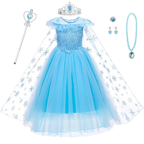 AYBUY Robe Enfant de Princesse, Deguisement Reine Des Neiges avec Accessoires de Baguette Magique Princesse Couronne Costume Princess pour Enfant Cosplay Noël Costume Carnaval(120CM)