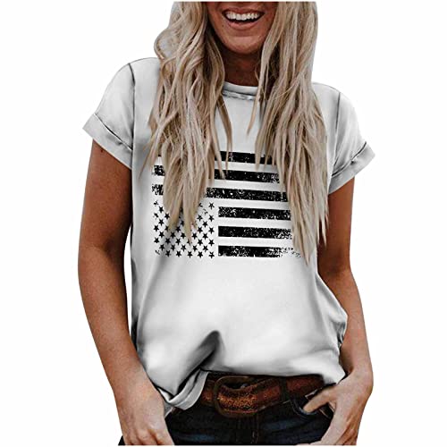 Casual Clothes 2023 Women Short Sleeve American Flag Basic Tops Summer Vintage Crew Neck Tunic Vacation Tees Shirts #TOP11