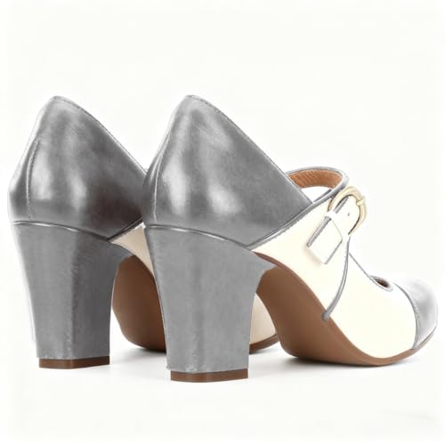 Image of SHODENSE Women Vintage Chunky High Heel Mary Jane Shoes Round Closed Toe Ankle Strap Dress Sandals 3 inch Block Heels Mary Jane Lolita Pumps Two-Toned Patchwork Buckle Office Lady Wedding Retro 4-11 M US