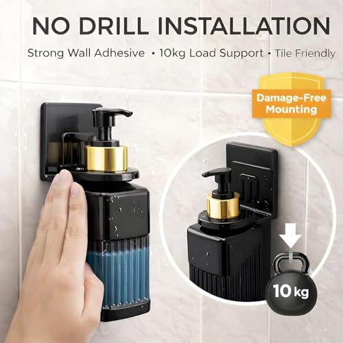 Image of Wall Mounted Soap Dispenser 300ml with Strong Adhesive Holder, No Drill Refillable Liquid Handwash Pump, Bathroom Kitchen Shampoo Sanitizer Dispenser (1, Black)