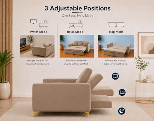 Image of Adorn India Premium Mystic - 3 Years Warranty - 3 Seater Sofa Cum Bed Velvet Suede Fabric - Beige