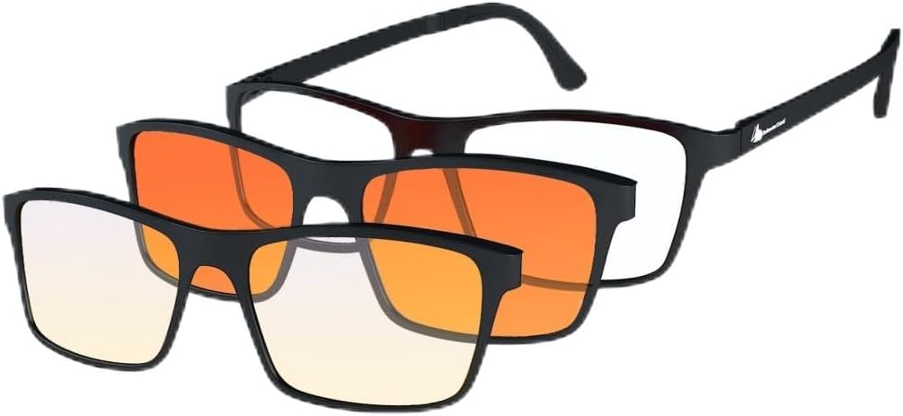 DefenderShield Versa Blue Light Glasses Clip On – Magnetic Amber & Orange Lenses Interchangeable for Day & Night Use – Blue Light Blocking Glasses for Men and Women with Lightweight Ultem Frame