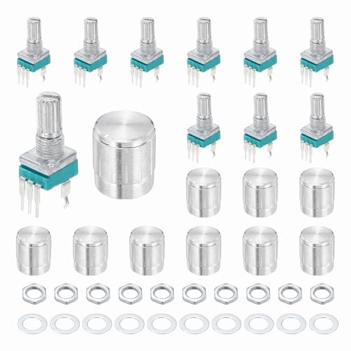sourcing map 10pcs RK097N B10K Potentiometer, 3Pin Single Linear Rotary Seal Amplifier Logarithmic Potentiometers 15mm Knurled Shaft with Silver 15x17mm Metal Knob Vertical for Audio Amplifier