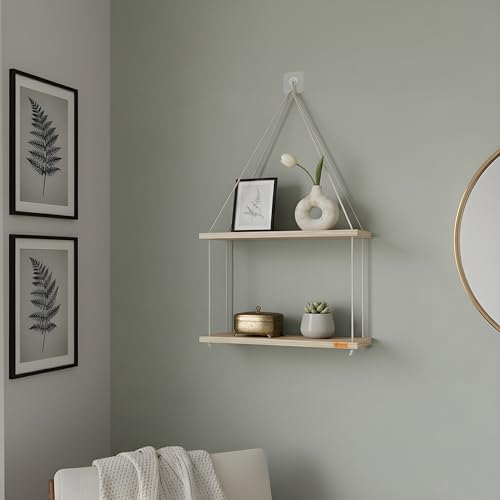 Image of 2 Tier Hanging Shelf | Wall Decor with Adhesive Wall Hooks | Rustic Wood Floating Shelves for Bedroom, Living Room, Kitchen - Boho Swing Plant Holder