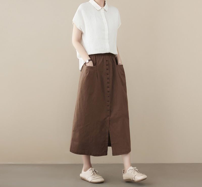 Women’s Vintage Elastic High Waist A Line Slit Hem Midi Skirt Summer Dressy Casual Loose Fit Long Skirts with Pockets3