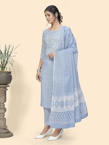 Image of Vbuyz Women's Printed & Hand Work Straight Cotton Blend Parrot Green Kurta,Pant with Dupatta | Kurta Set with Dupatta for Women | Suit Set | Ethnic Set | Printed Kurta Set | Salwar Set for Women