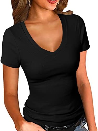 PALINDA Women's Short Sleeves Ribbed Fitted Shirt Basic V Neck Slim T Shirt Tops