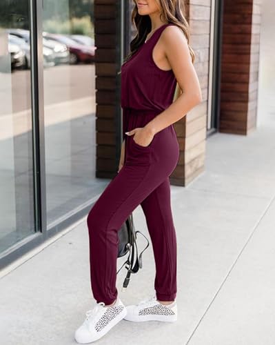 KIRUNDO Women 2026 Summer Jumpsuits Casual Sleeveless Drawstring Elastic Waist Romper Vacation Cruise Airport Travel Outfits(Wine Red, Large) — view 6