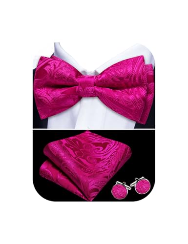 YOHOWA Hot Pink Bow Tie for Men Paisley Adjustable Silk Pre-Tied Bowtie Handkerchief Cufflinks Set Formal Wedding Party Prom