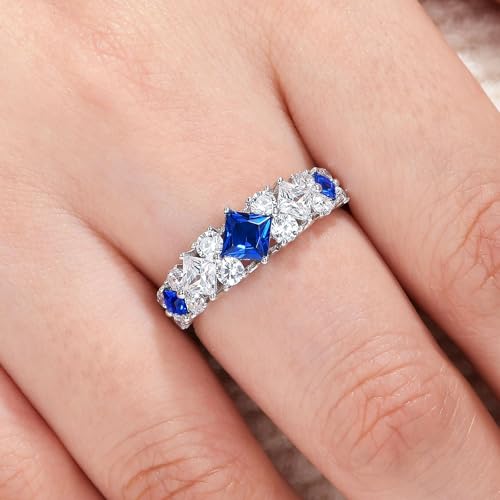 Wuziwen Princess Cut Wedding Bands for Women Blue and White Created Sapphire Sterling Silver Anniversary Eternity Ring3