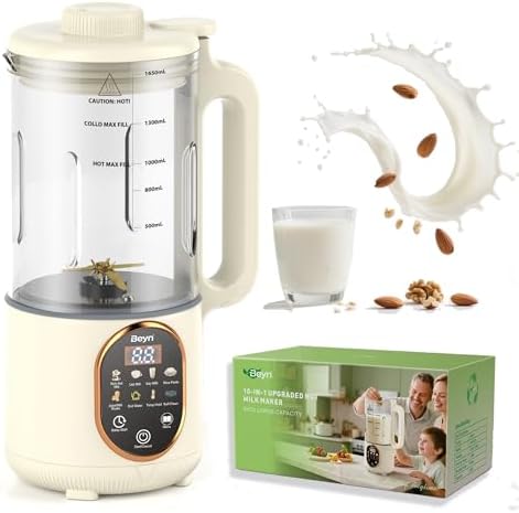 Beyn 10-in-1 Automatic Nut Milk Maker Machine, 60oz Large Capacity with 𝟒𝟖 𝐓𝐢𝐭𝐚𝐧𝐢𝐮𝐦 Blades & Self-Cleaning. for Homemade Almond, Soy, Oat Milk, Milkshake (Cream)