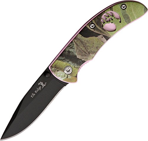 Elk Ridge - Outdoors Folding Knife - 2.5-In Black Stainless Steel Blade, Camo Coated Aluminum Handle With Pink Liner And Elk Cut Out, Pocket Clip - Hunting, Camping, Survival - Er-120 #TOP24
