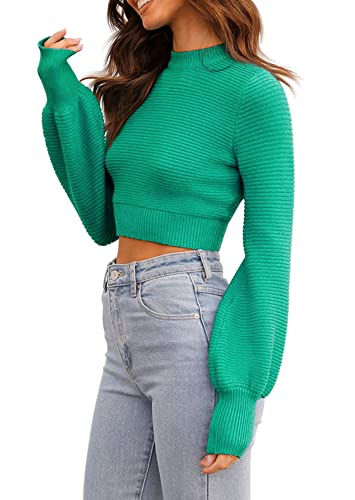 Image of Womens Sexy Crew Neck Cropped Sweaters Knit Long Sleeve Crop Tops Pullover