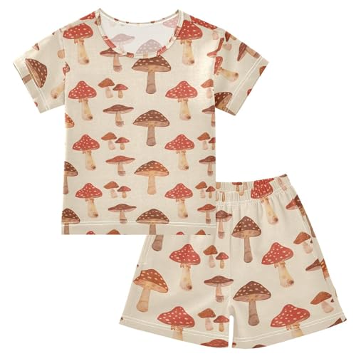 ALAZA Mushroom Retro Pajamas Short Sleeve 2 Piece Sleepwear Top and Bottom Pajama Set Unisex