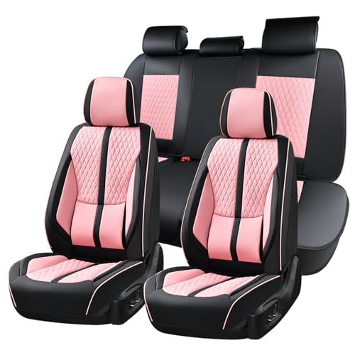 Huidasource Seat Covers Full Set, Luxury Nappa Leather Seat Covers with Velcro Adjustable, Airbag, Lumbar Support, Cooling & Heating, Pink Car Seat Covers Fit for Most Cars SUV Trucks, Black&Pink by Huidasource - Used condition - US$108.93