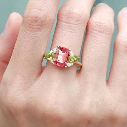 8X6MM Emerald Shape Pink Tourmaline Bridal Wedding Engagement Ring 18K Solid Yellow Gold Peridot And Diamond Women Cluster Jewelry Family Birthstone Birthday Gift For Wife2
