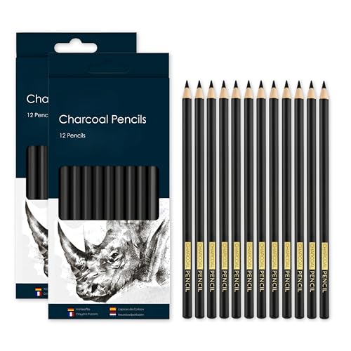 Creavvee 2 Packs of Black Charcoal Pencils (24 Total) – Premium, Easily Blendable Drawing Pencils for Sketching, Shading & Fine Art – Ideal for Artists, Students & Beginners