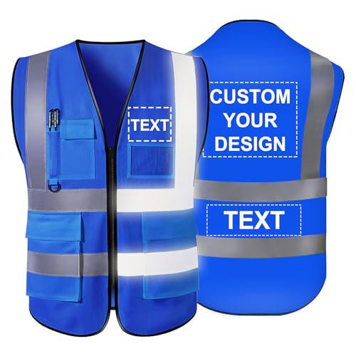 YouBaiVS Gilet de Sécurité Personnalisable pour Hommes Haute Visibilité Réfléchissant 5 Poches avec Logo Fermeture à Glissière S-5XL pour Vêtements de Travail de Protection Extérieure Bleu