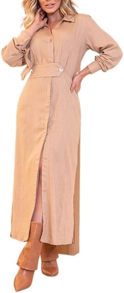 HEYAMI Women’s Button Front Belted Shirt Dress, V Neck Wrap Belted Long