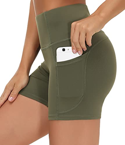 Image of THE GYM PEOPLE High Waist Yoga Shorts for Women's Tummy Control Fitness Athletic Workout Running Shorts with Deep Pockets