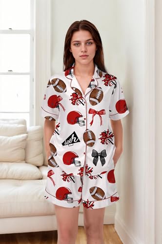 Image of SHESHOW Pajamas for Women Set Satin Button Down Short Sleeve Top and Shorts Pjs Sets Sport Ball Print Sleepwear XS-XXL