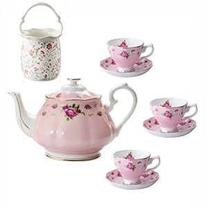 Tea Set for Adults Coffee Cups and Saucers Bone China Coffee Cup Set Pink Old Country Roses Teapot with Spoon Holder for Afternoon Tea,B (A)