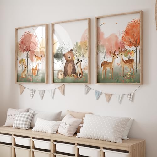 Rose Rowan Design Set of 3 Woodland Animal Nursery Prints - Unisex Forest Adventure Wall Art, Scandinavian Kids Room Decor, Playroom Posters (Autumn, A4)