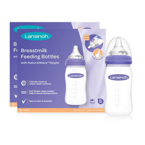Image of Lansinoh Baby Bottles for Breastfeeding Babies, 8 Ounces, 6 Count, Includes 6 Medium Flow Nipples (Size 3M)